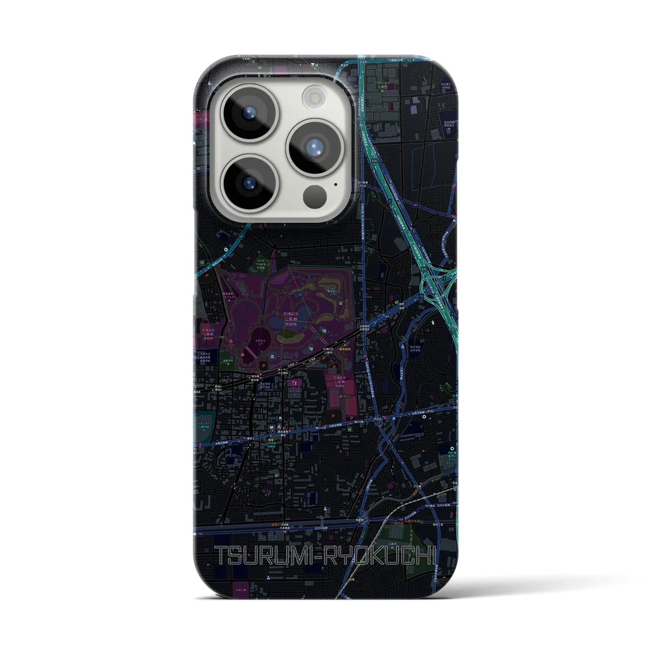 【鶴見緑地】地図柄iPhoneケース（バックカバータイプ・ブラック）iPhone 15 Pro 用