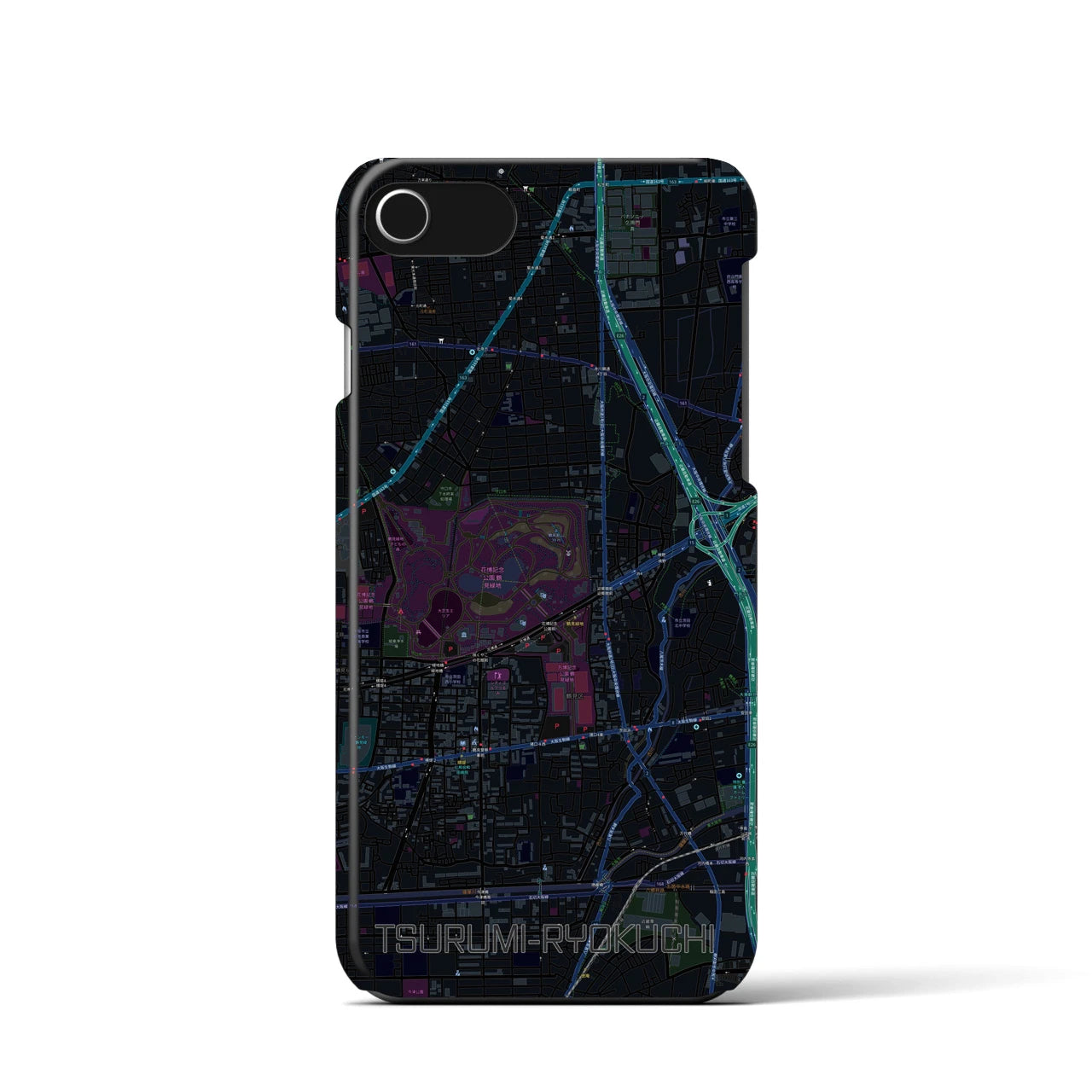 【鶴見緑地】地図柄iPhoneケース（バックカバータイプ・ブラック）iPhone SE（第3 / 第2世代） / 8 / 7 / 6s / 6 用