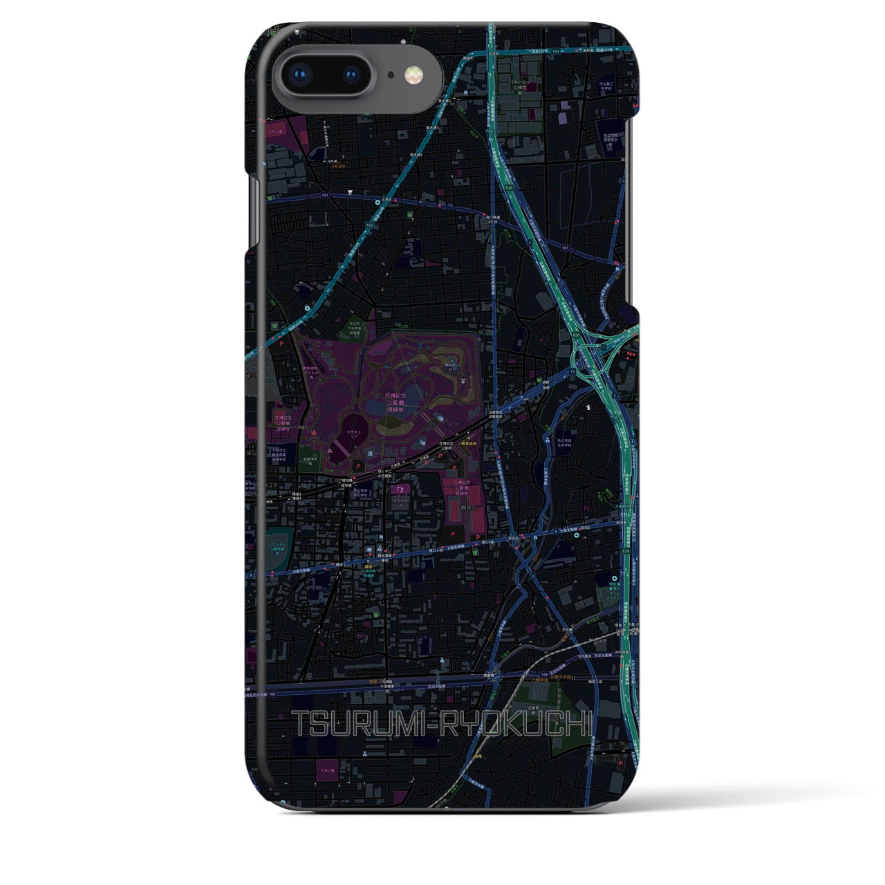 【鶴見緑地】地図柄iPhoneケース（バックカバータイプ・ブラック）iPhone 8Plus /7Plus / 6sPlus / 6Plus 用