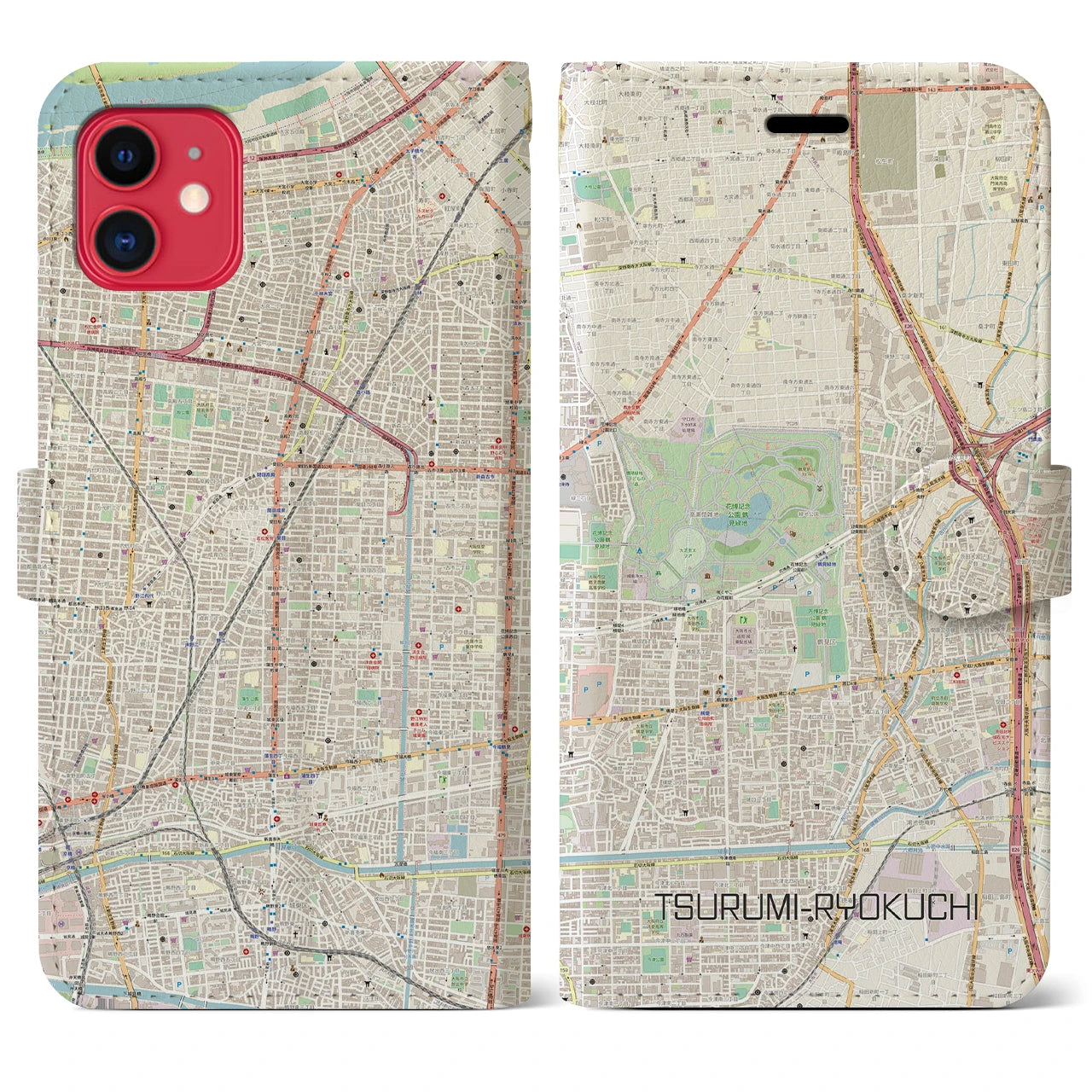 【鶴見緑地】地図柄iPhoneケース（手帳両面タイプ・ナチュラル）iPhone 11 用