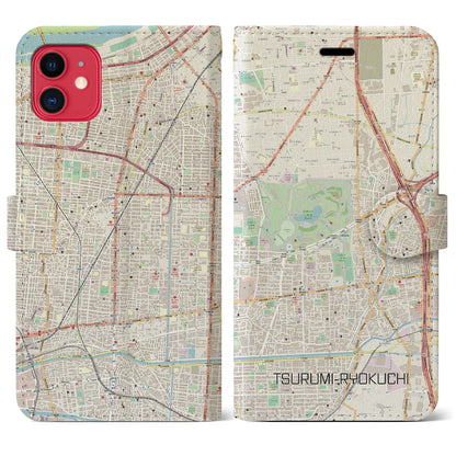 【鶴見緑地（大阪府）】地図柄iPhoneケース（手帳タイプ）ナチュラル・iPhone 11 用