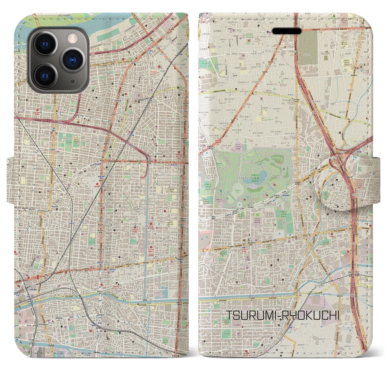 【鶴見緑地】地図柄iPhoneケース（手帳両面タイプ・ナチュラル）iPhone 11 Pro Max 用