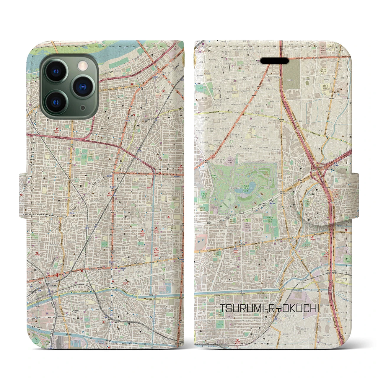 【鶴見緑地】地図柄iPhoneケース（手帳両面タイプ・ナチュラル）iPhone 11 Pro 用