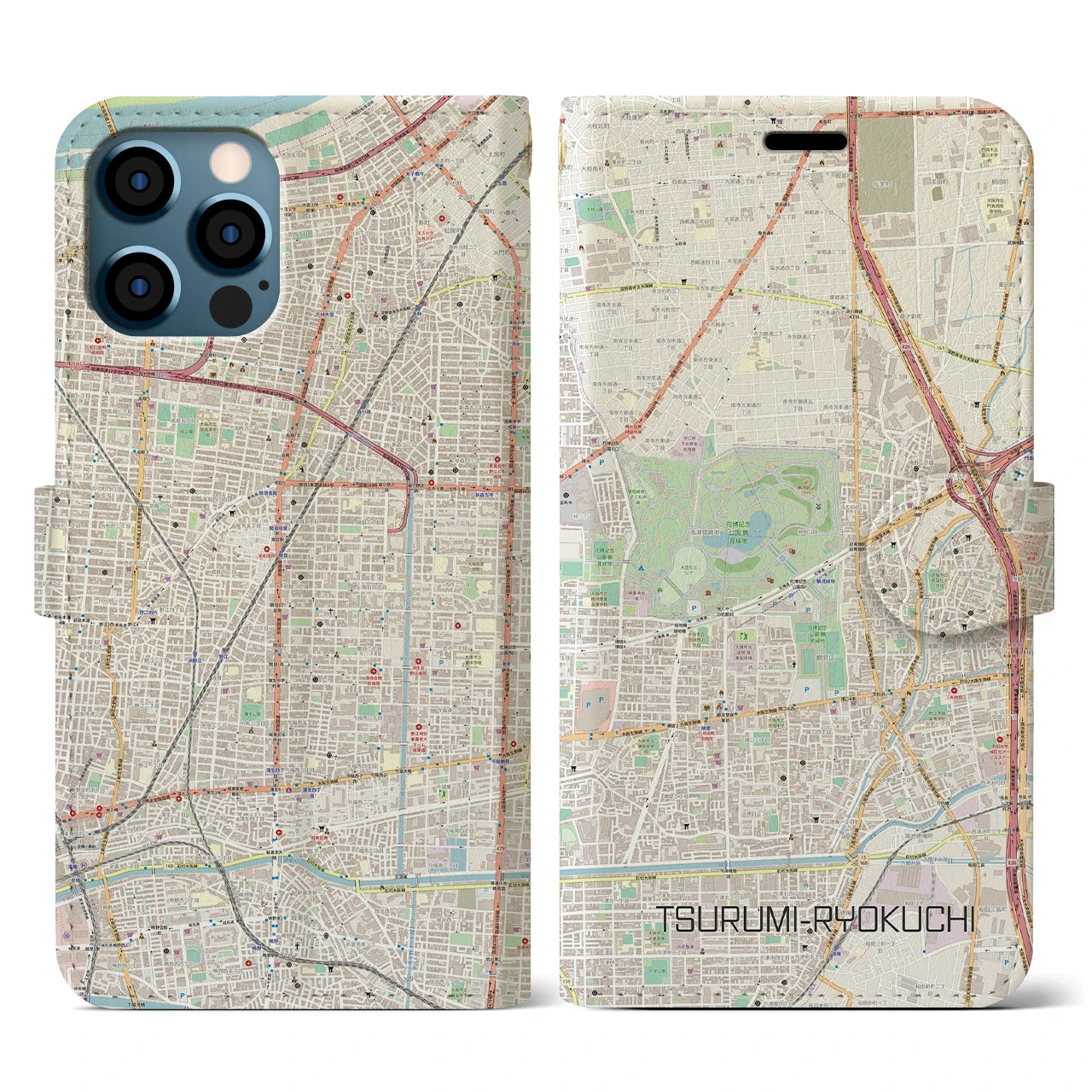 【鶴見緑地】地図柄iPhoneケース（手帳両面タイプ・ナチュラル）iPhone 12 / 12 Pro 用