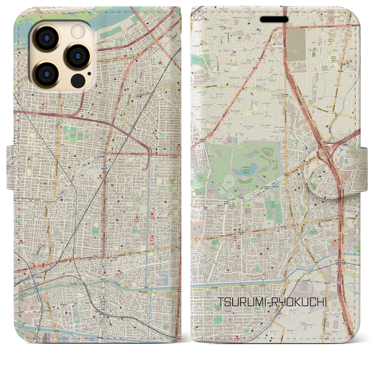 【鶴見緑地】地図柄iPhoneケース（手帳両面タイプ・ナチュラル）iPhone 12 Pro Max 用
