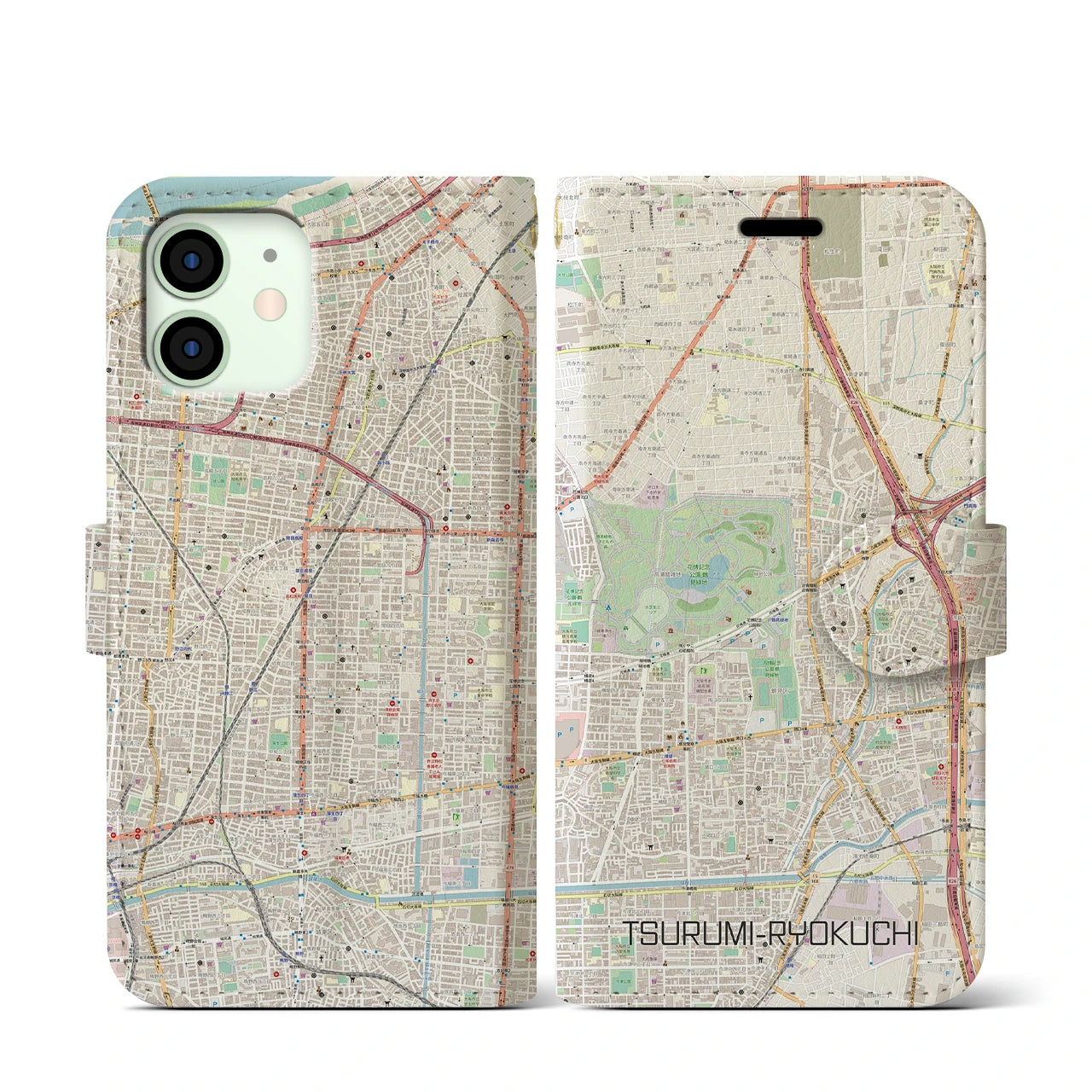 【鶴見緑地】地図柄iPhoneケース（手帳両面タイプ・ナチュラル）iPhone 12 mini 用
