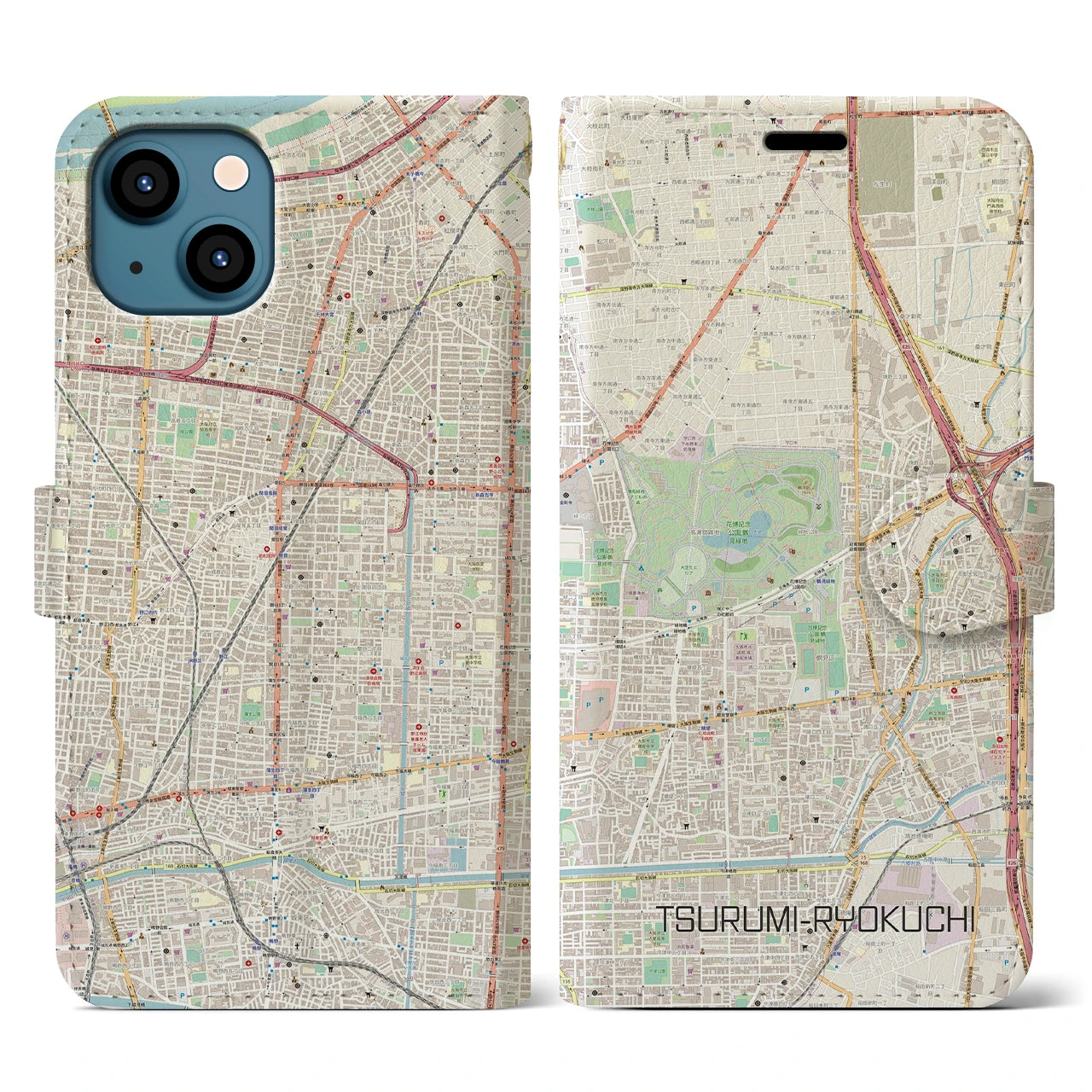 【鶴見緑地】地図柄iPhoneケース（手帳両面タイプ・ナチュラル）iPhone 13 用