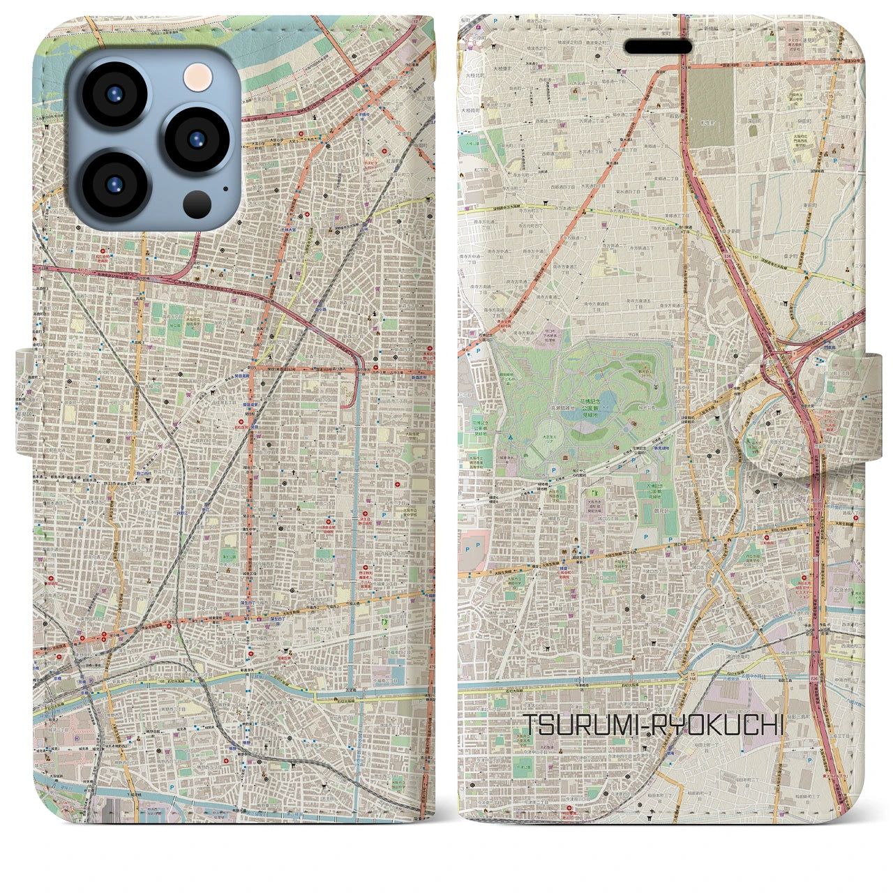【鶴見緑地】地図柄iPhoneケース（手帳両面タイプ・ナチュラル）iPhone 13 Pro Max 用
