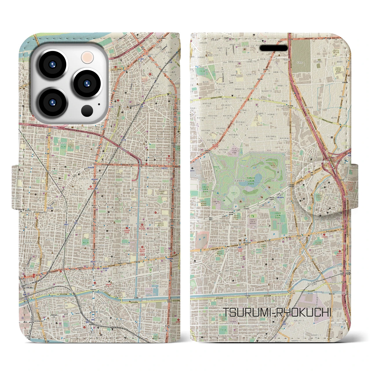 【鶴見緑地】地図柄iPhoneケース（手帳両面タイプ・ナチュラル）iPhone 13 Pro 用