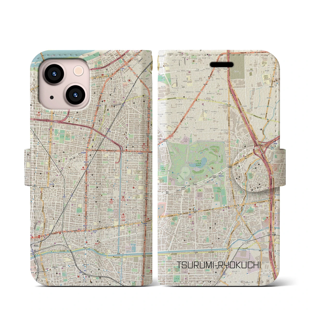 【鶴見緑地】地図柄iPhoneケース（手帳両面タイプ・ナチュラル）iPhone 13 mini 用
