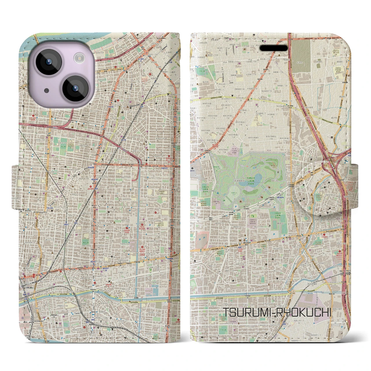 【鶴見緑地】地図柄iPhoneケース（手帳両面タイプ・ナチュラル）iPhone 14 用