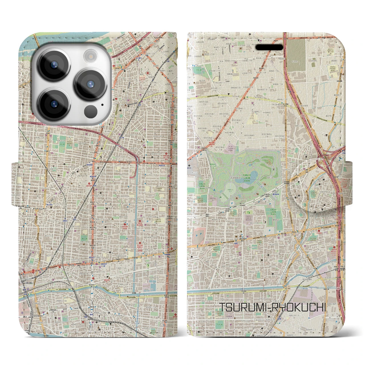 【鶴見緑地】地図柄iPhoneケース（手帳両面タイプ・ナチュラル）iPhone 14 Pro 用