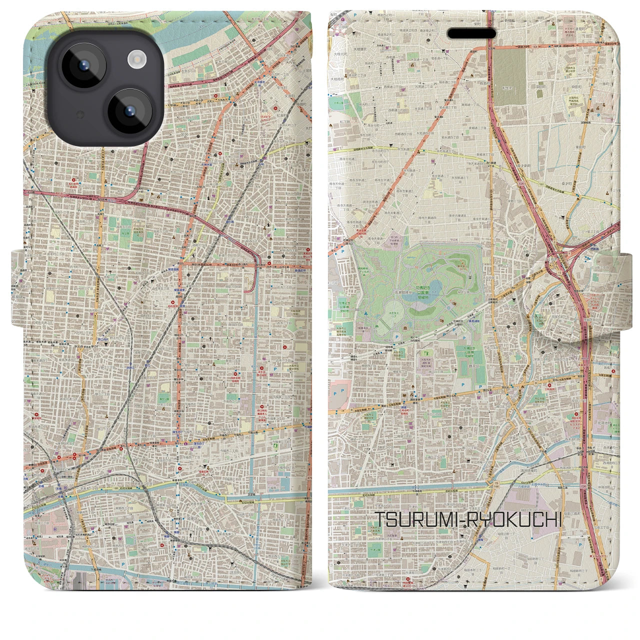【鶴見緑地】地図柄iPhoneケース（手帳両面タイプ・ナチュラル）iPhone 14 Plus 用