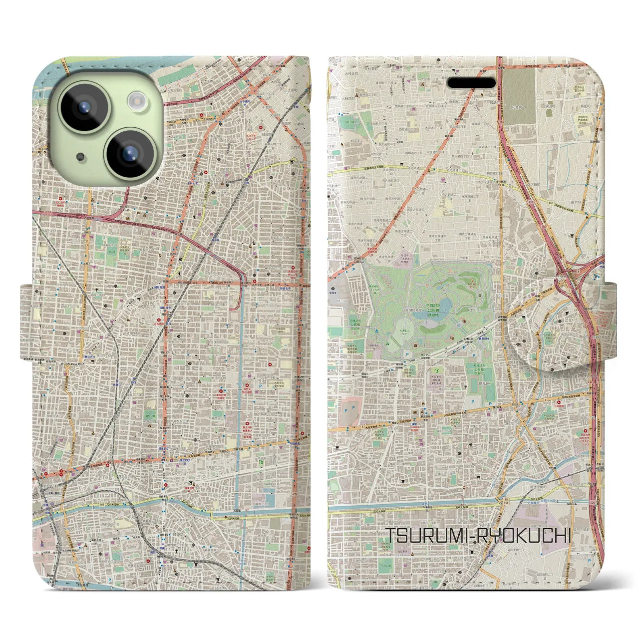 【鶴見緑地】地図柄iPhoneケース（手帳両面タイプ・ナチュラル）iPhone 15 用