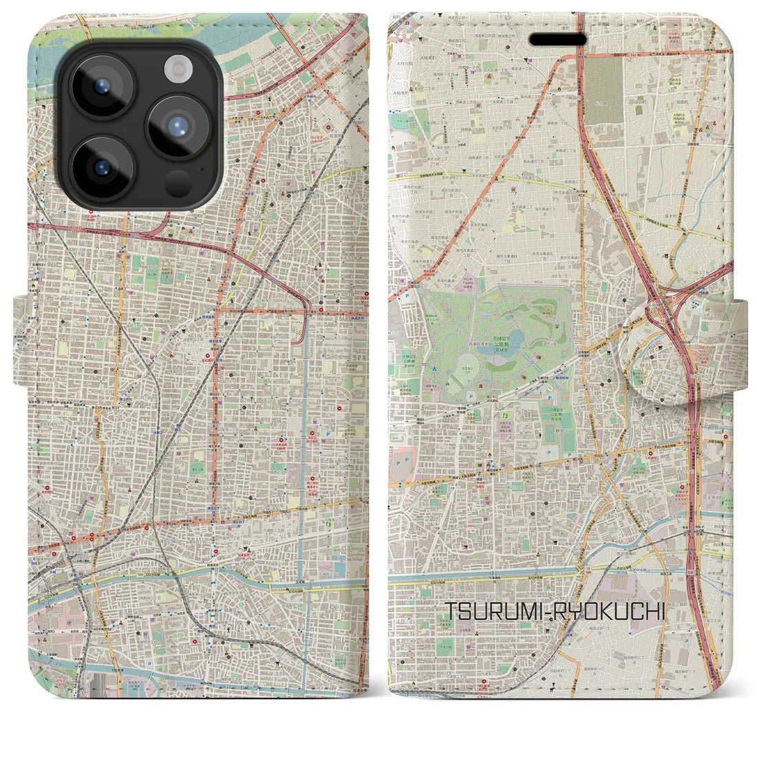 【鶴見緑地】地図柄iPhoneケース（手帳両面タイプ・ナチュラル）iPhone 15 Pro Max 用