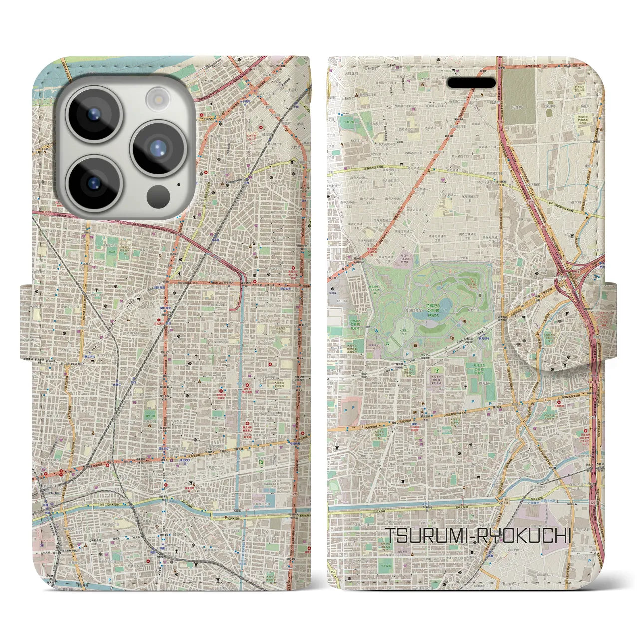 【鶴見緑地】地図柄iPhoneケース（手帳両面タイプ・ナチュラル）iPhone 15 Pro 用