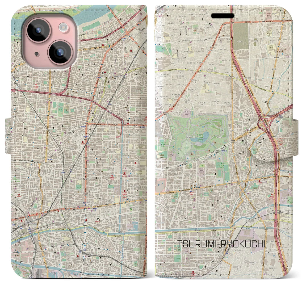【鶴見緑地】地図柄iPhoneケース（手帳両面タイプ・ナチュラル）iPhone 15 Plus 用