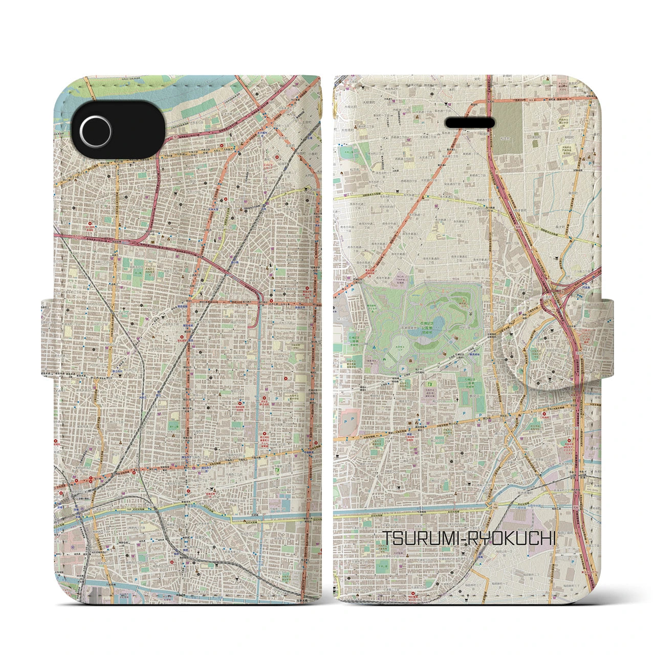 【鶴見緑地】地図柄iPhoneケース（手帳両面タイプ・ナチュラル）iPhone SE（第3 / 第2世代） / 8 / 7 / 6s / 6 用