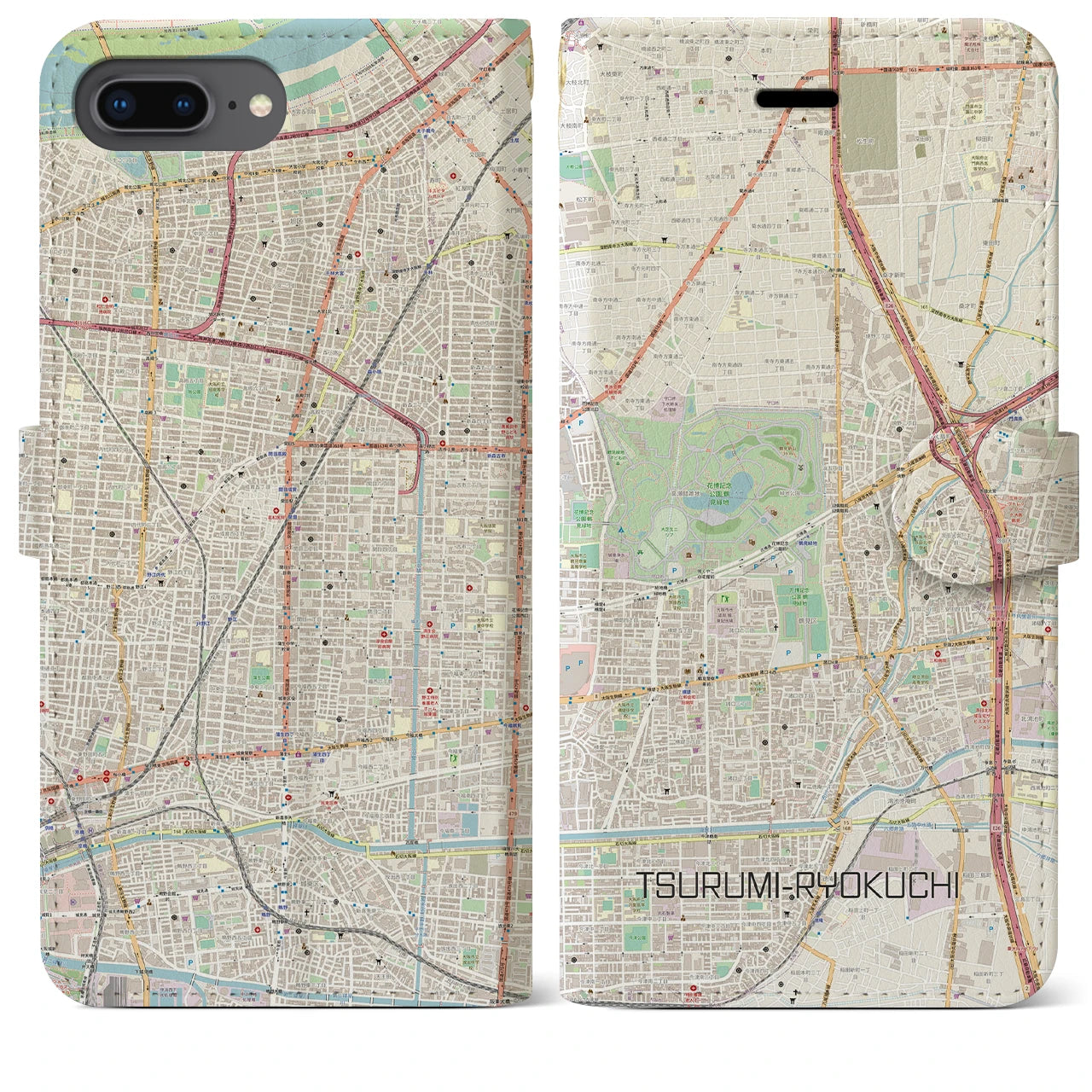 【鶴見緑地】地図柄iPhoneケース（手帳両面タイプ・ナチュラル）iPhone 8Plus /7Plus / 6sPlus / 6Plus 用
