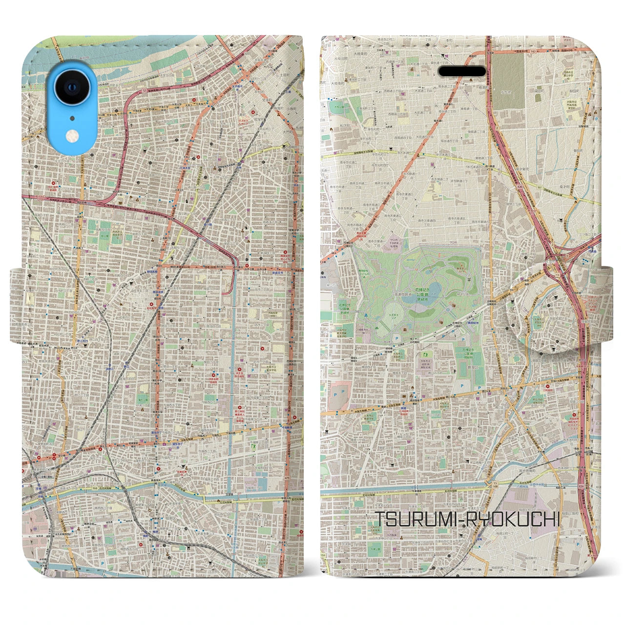 【鶴見緑地】地図柄iPhoneケース（手帳両面タイプ・ナチュラル）iPhone XR 用