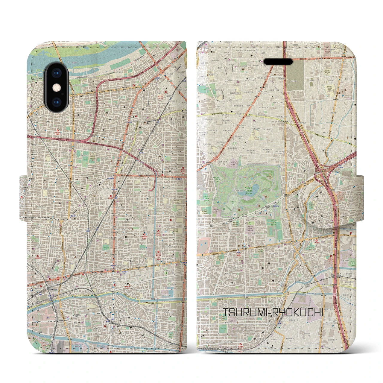 【鶴見緑地】地図柄iPhoneケース（手帳両面タイプ・ナチュラル）iPhone XS / X 用