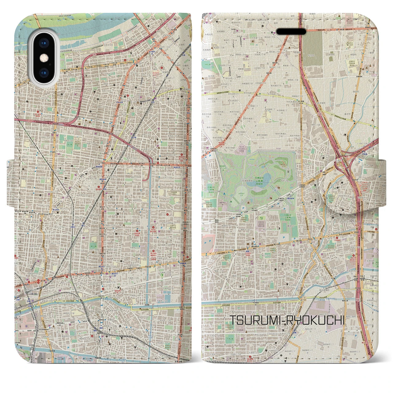 【鶴見緑地】地図柄iPhoneケース（手帳両面タイプ・ナチュラル）iPhone XS Max 用