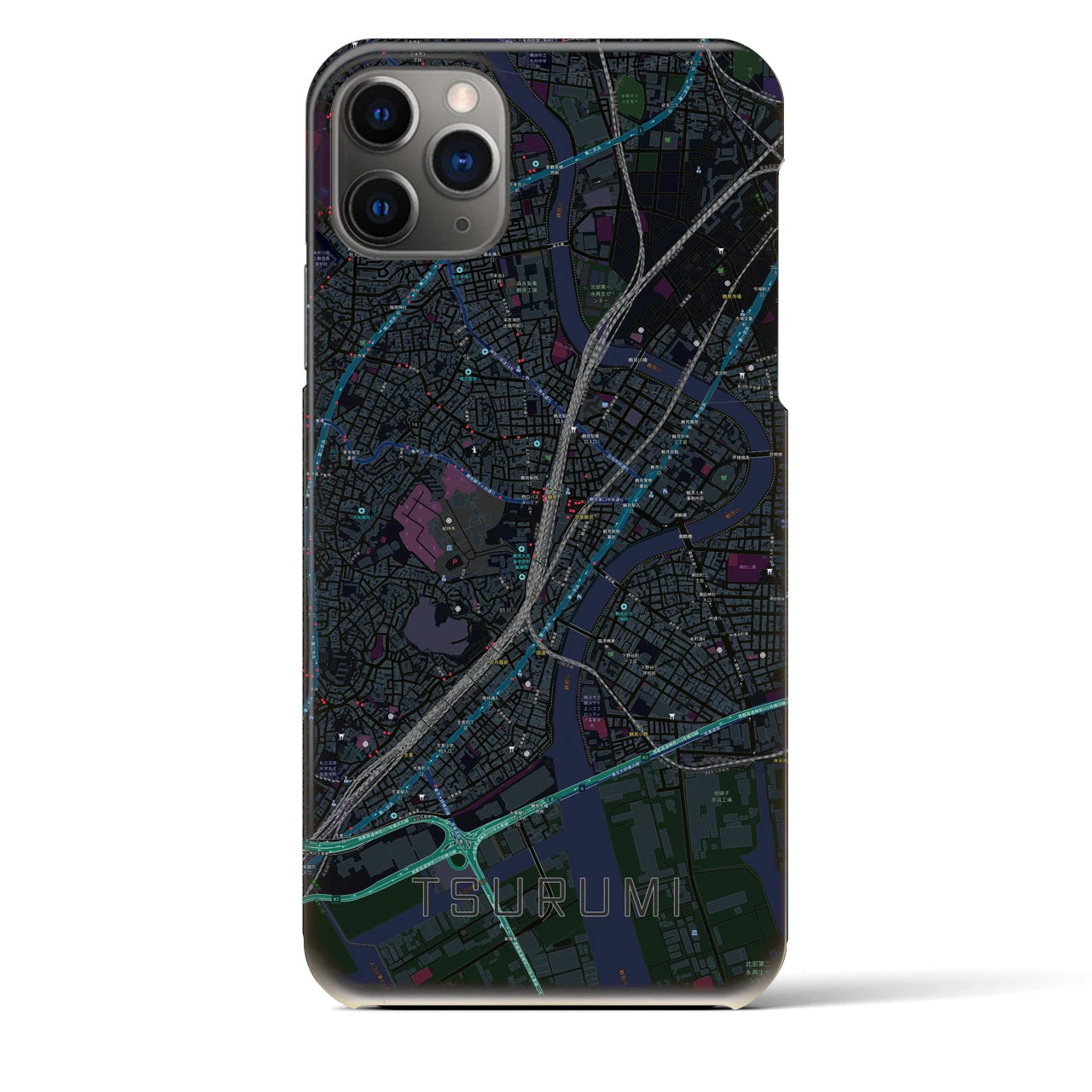 【鶴見】地図柄iPhoneケース（バックカバータイプ・ブラック）iPhone 11 Pro Max 用