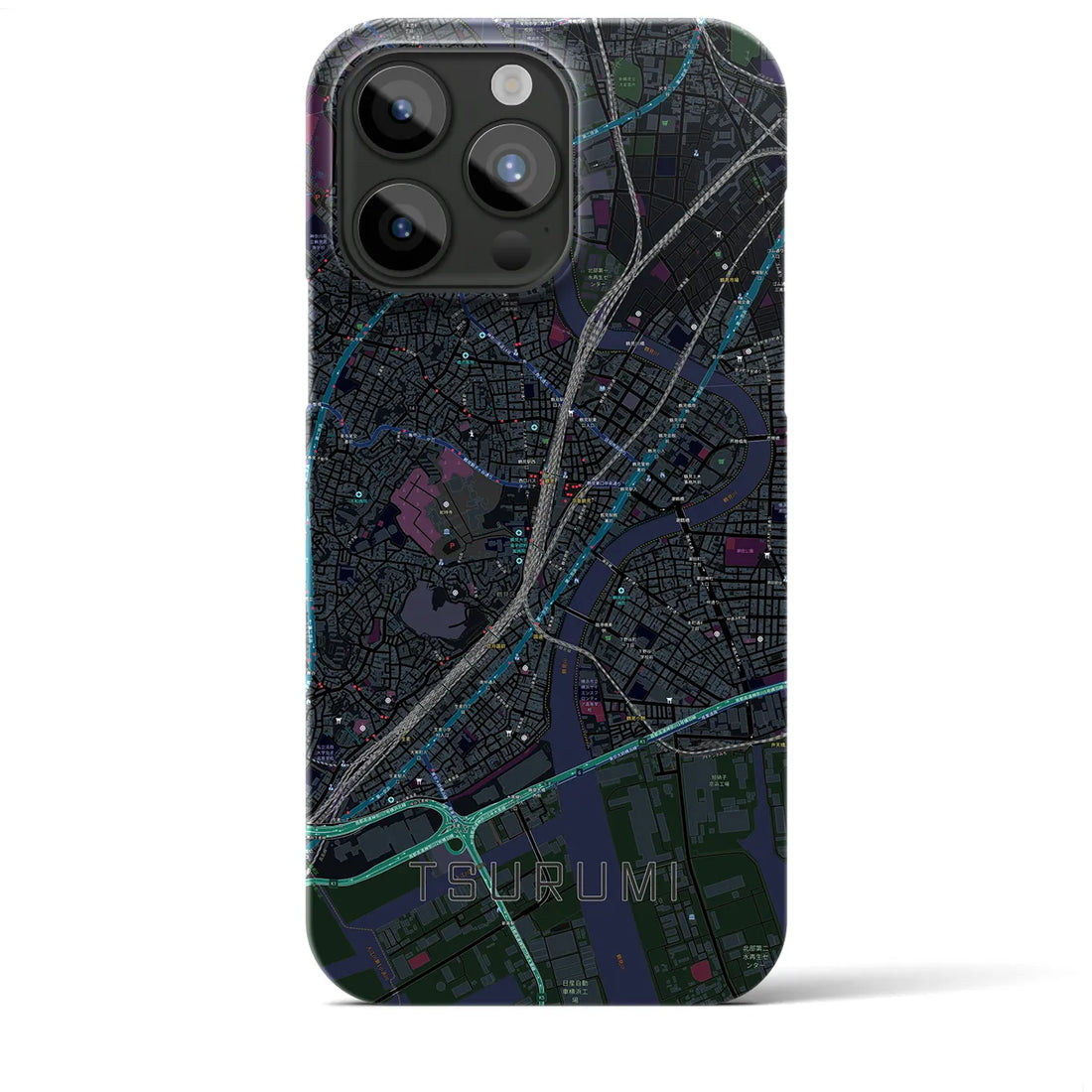 【鶴見】地図柄iPhoneケース（バックカバータイプ・ブラック）iPhone 15 Pro Max 用