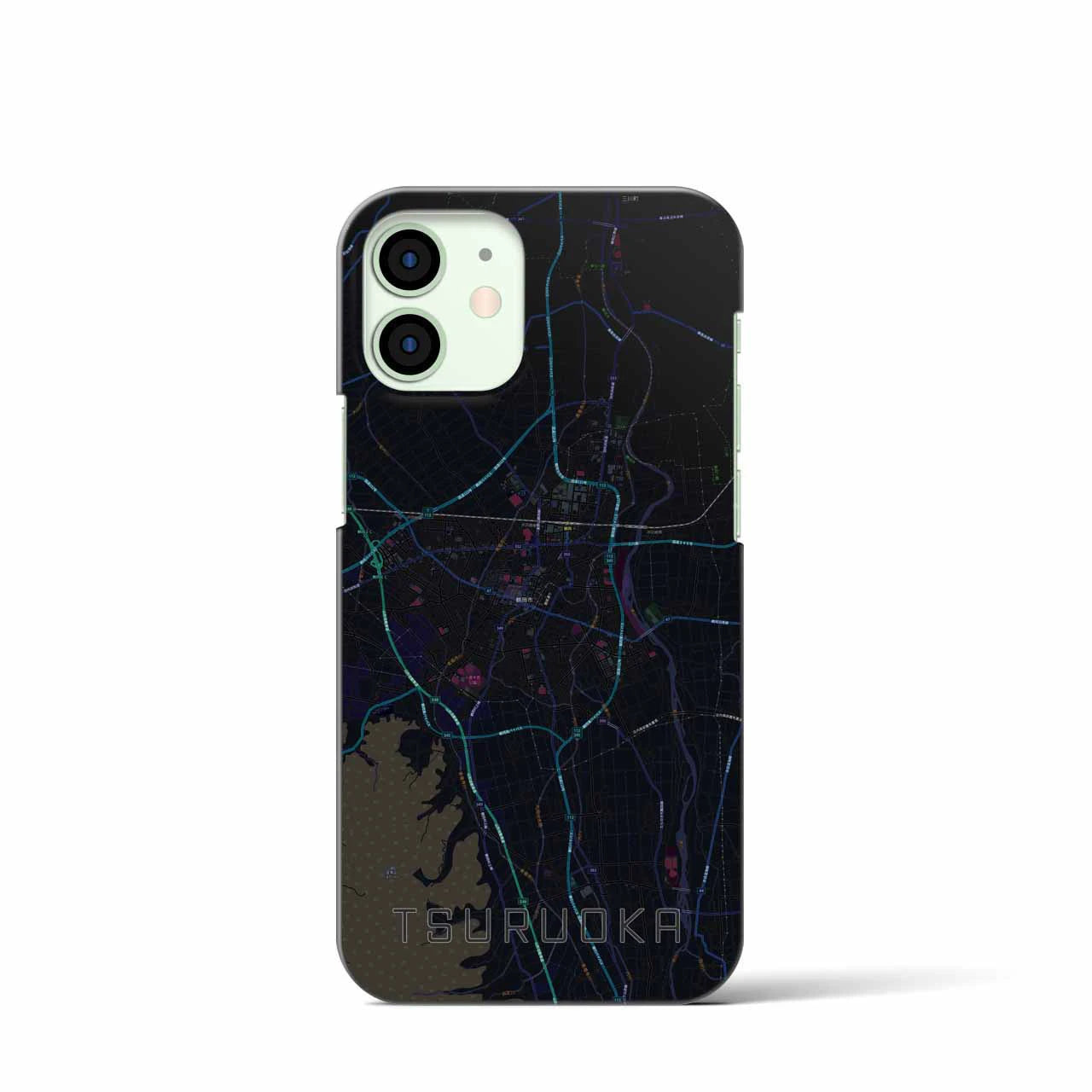 【鶴岡】地図柄iPhoneケース（バックカバータイプ・ブラック）iPhone 12 mini 用
