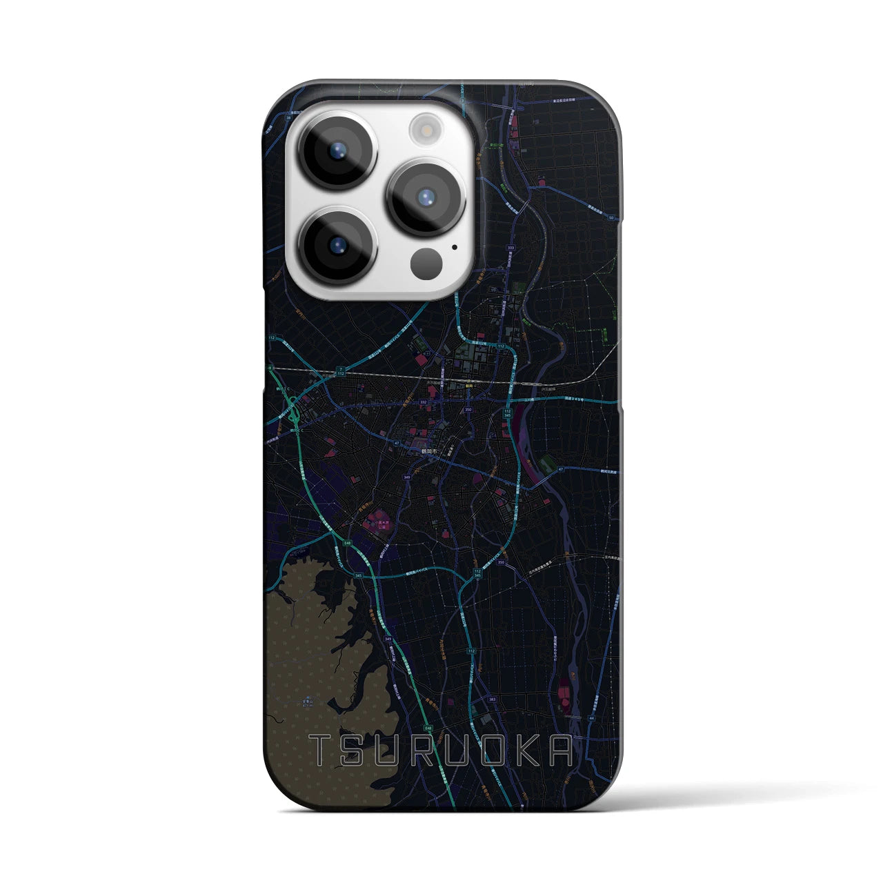 【鶴岡】地図柄iPhoneケース（バックカバータイプ・ブラック）iPhone 14 Pro 用