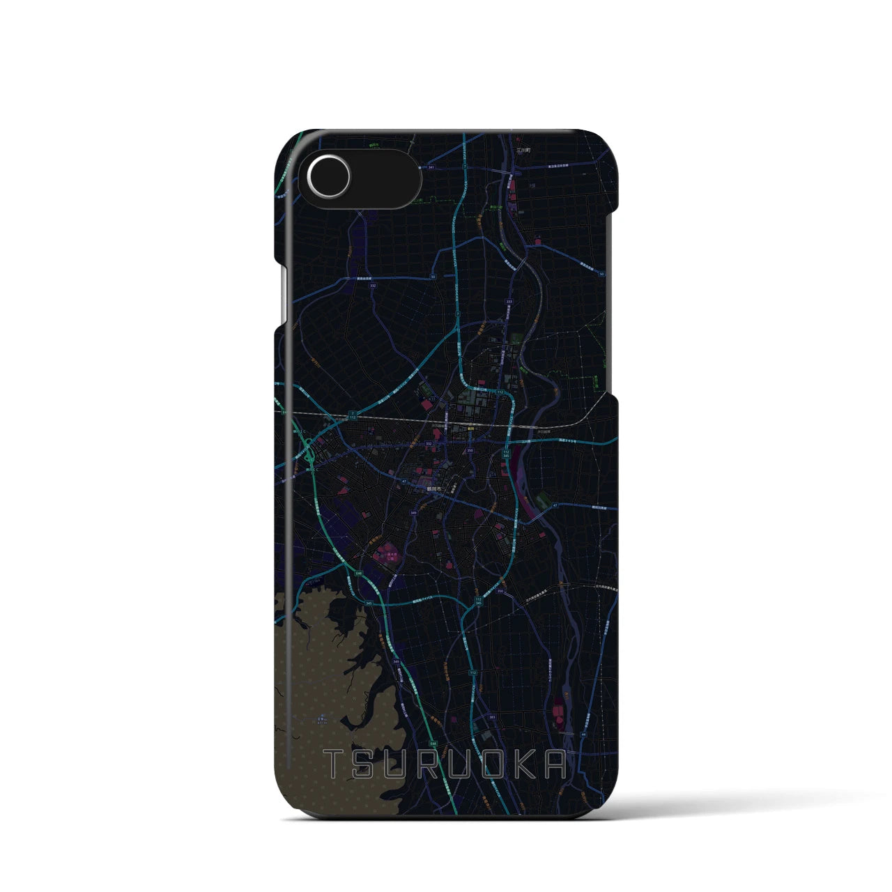 【鶴岡】地図柄iPhoneケース（バックカバータイプ・ブラック）iPhone SE（第3 / 第2世代） / 8 / 7 / 6s / 6 用