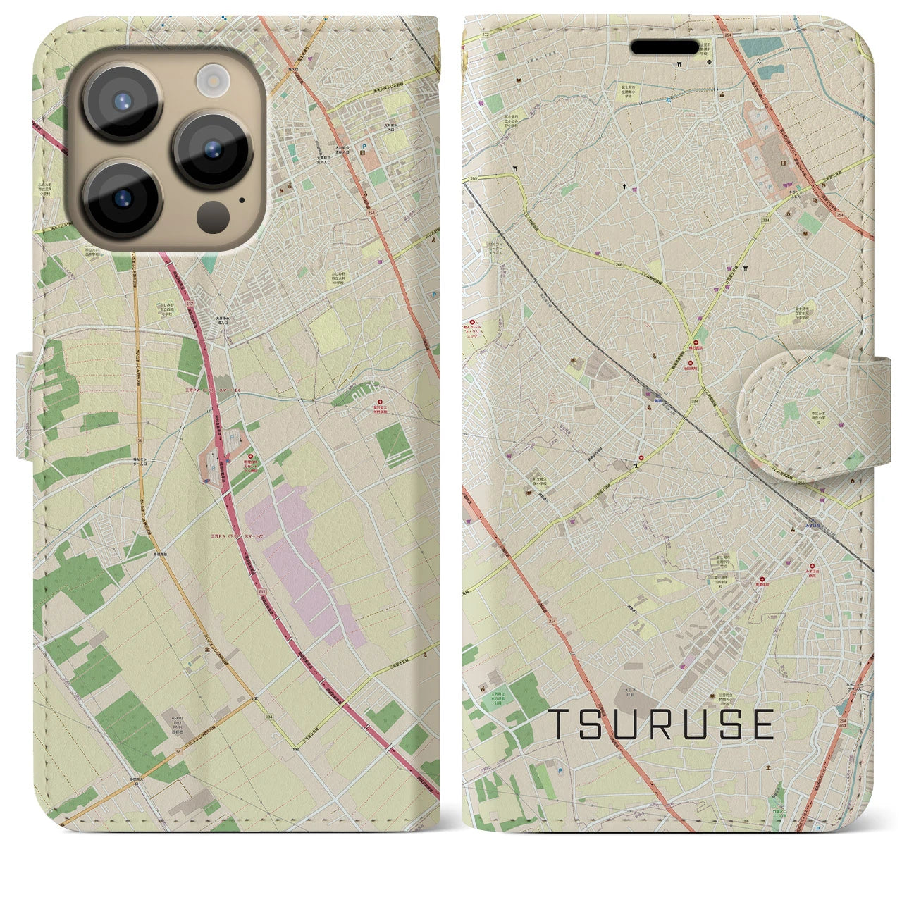 【鶴瀬】地図柄iPhoneケース（手帳両面タイプ・ナチュラル）iPhone 14 Pro Max 用
