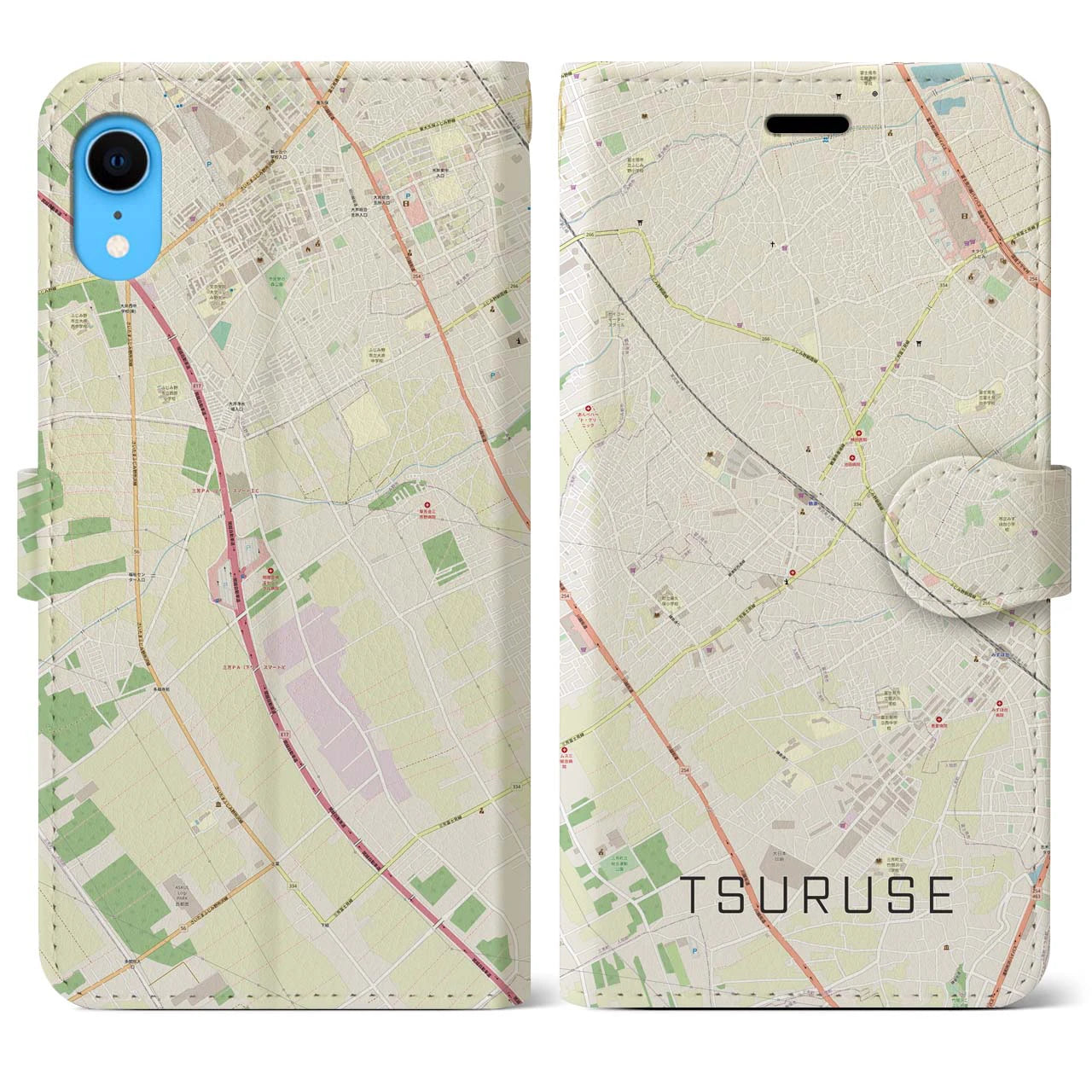 【鶴瀬】地図柄iPhoneケース（手帳両面タイプ・ナチュラル）iPhone XR 用