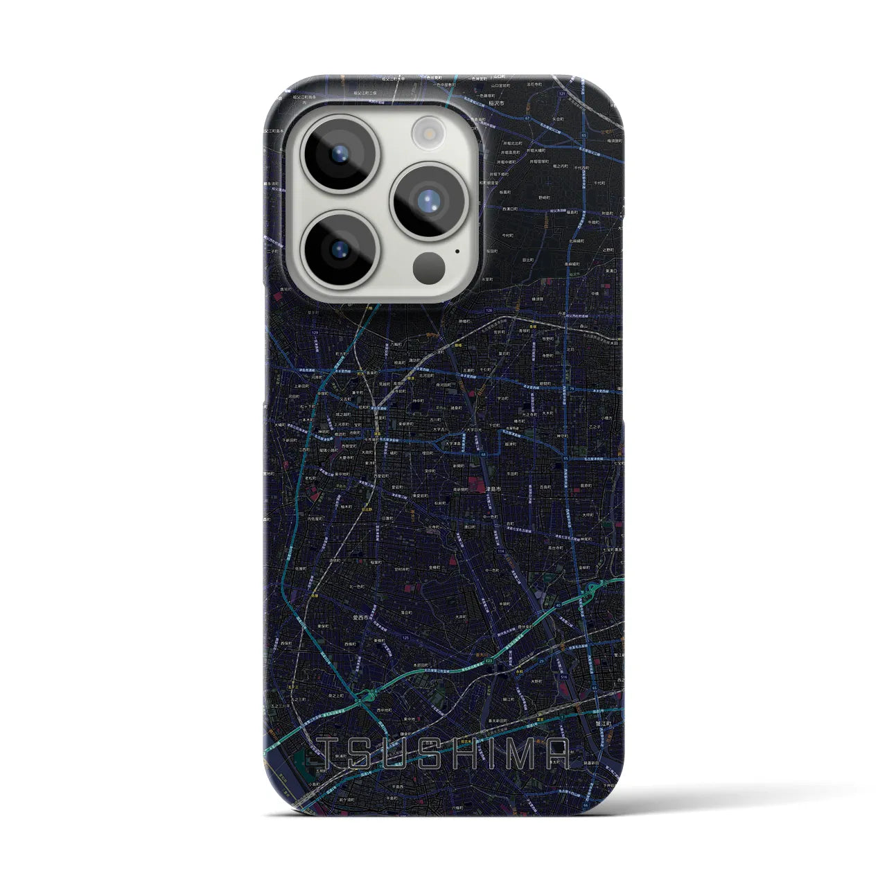 【津島】地図柄iPhoneケース（バックカバータイプ・ブラック）iPhone 15 Pro 用