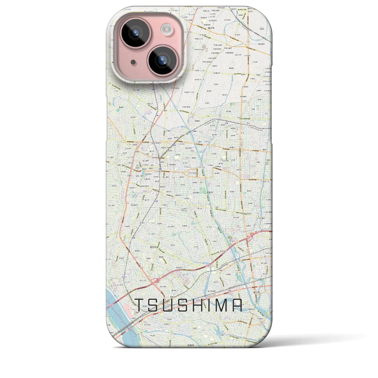 【津島】地図柄iPhoneケース（バックカバータイプ・ナチュラル）iPhone 15 Plus 用