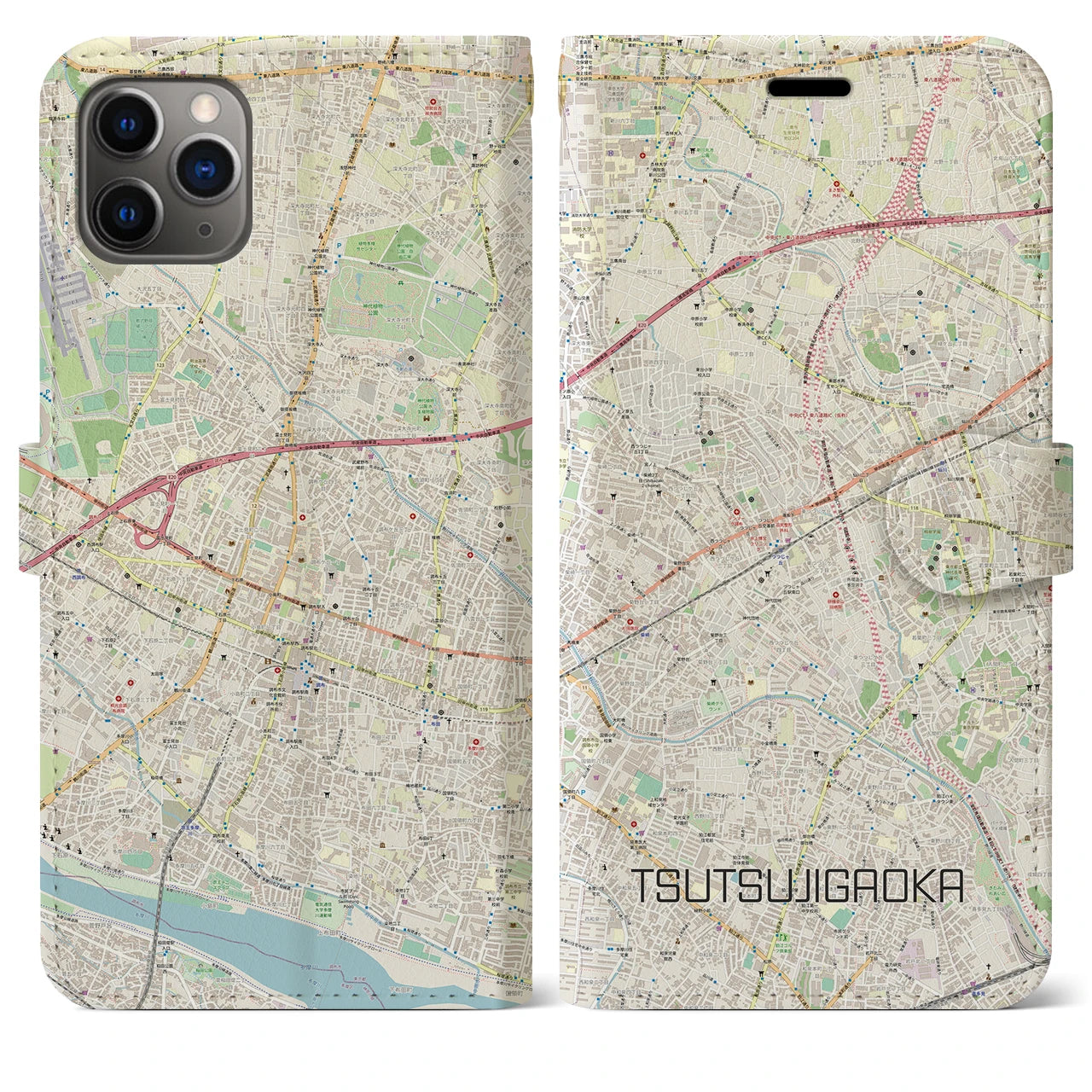 【つつじヶ丘】地図柄iPhoneケース（手帳両面タイプ・ナチュラル）iPhone 11 Pro Max 用