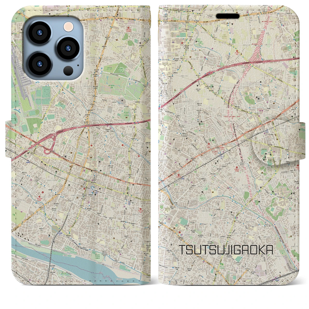 【つつじヶ丘】地図柄iPhoneケース（手帳両面タイプ・ナチュラル）iPhone 13 Pro Max 用
