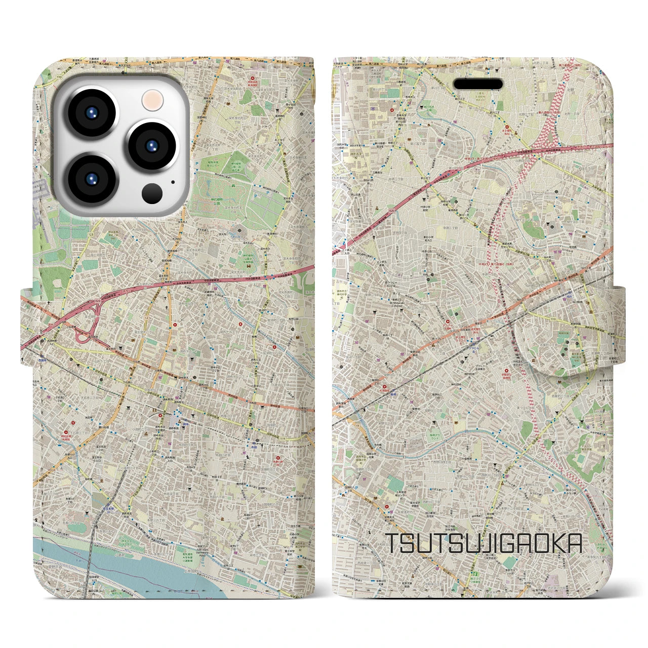 【つつじヶ丘】地図柄iPhoneケース（手帳両面タイプ・ナチュラル）iPhone 13 Pro 用