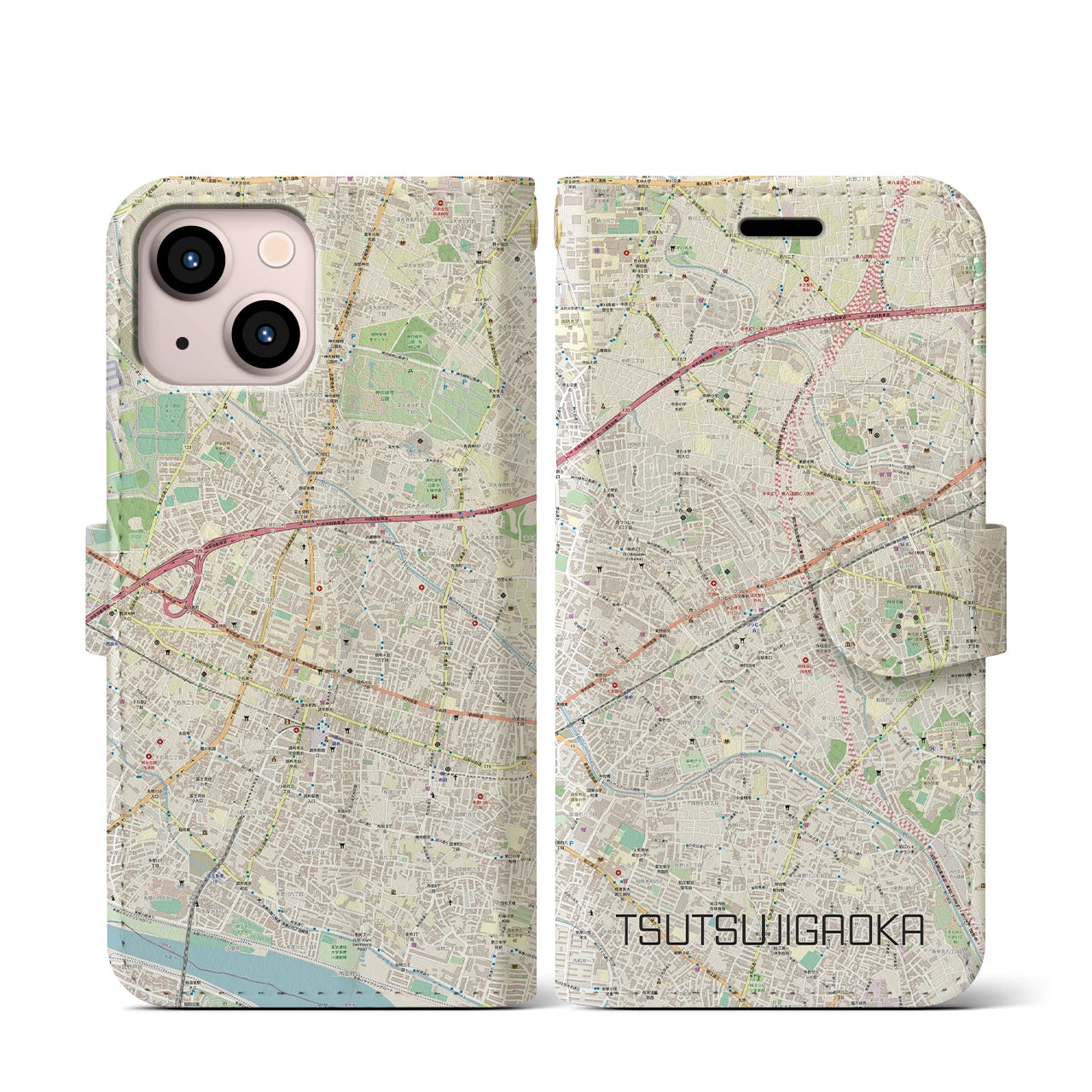 【つつじヶ丘】地図柄iPhoneケース（手帳両面タイプ・ナチュラル）iPhone 13 mini 用