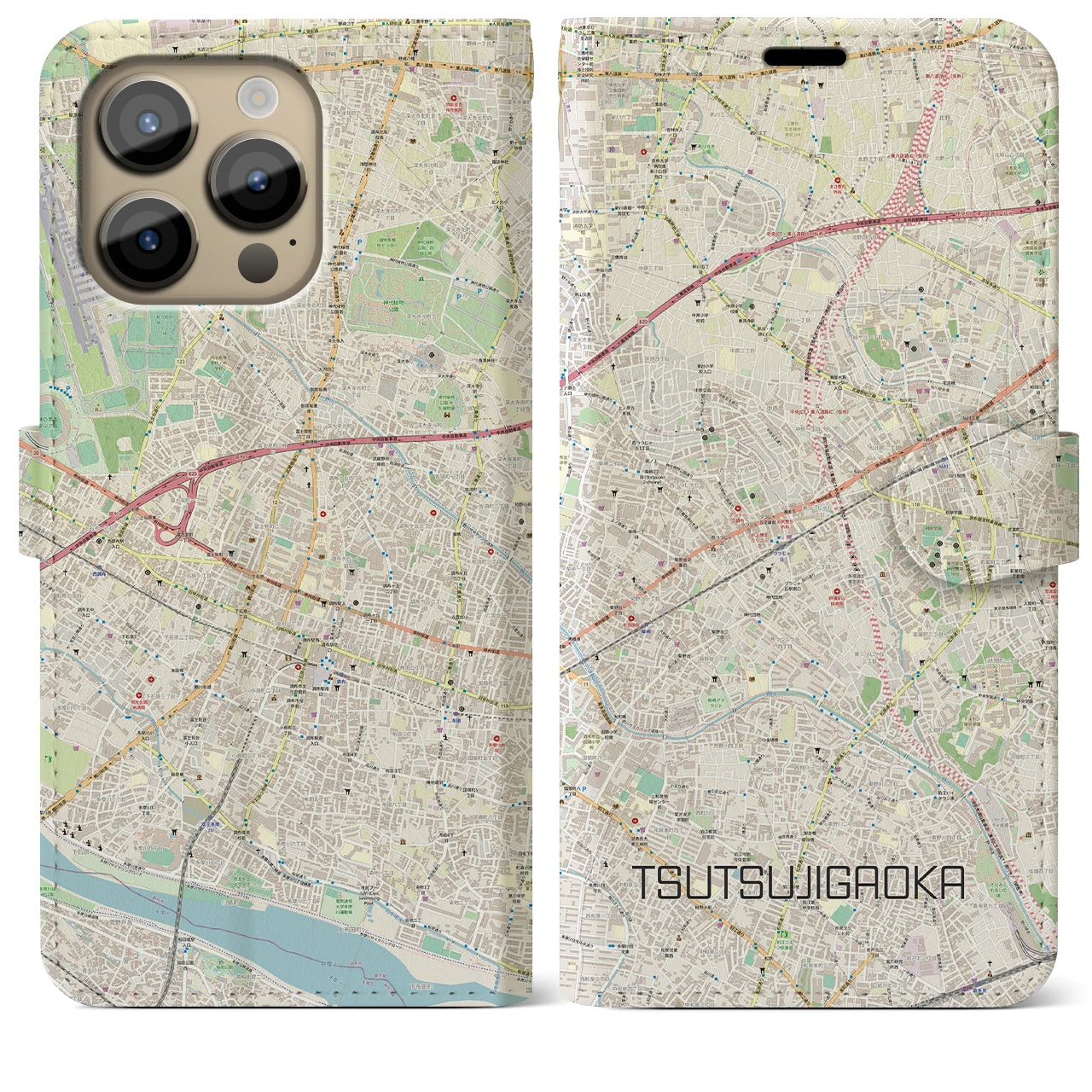 【つつじヶ丘】地図柄iPhoneケース（手帳両面タイプ・ナチュラル）iPhone 14 Pro Max 用