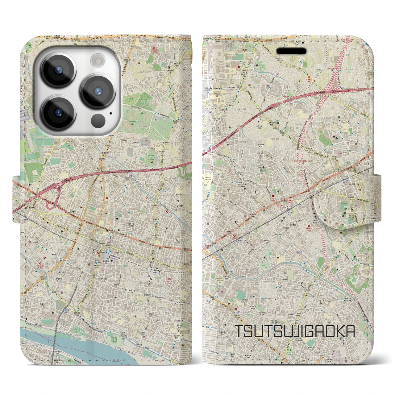 【つつじヶ丘】地図柄iPhoneケース（手帳両面タイプ・ナチュラル）iPhone 14 Pro 用