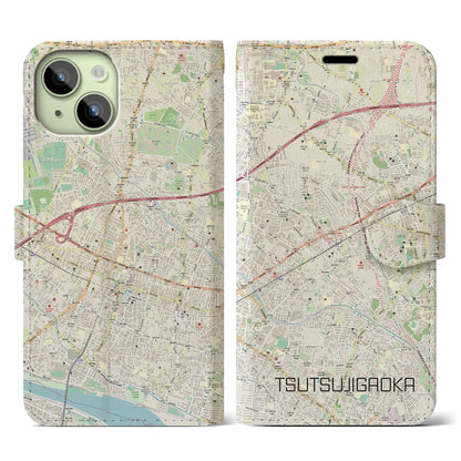 【つつじヶ丘（東京都）】地図柄iPhoneケース（手帳タイプ）ナチュラル・iPhone 15 用