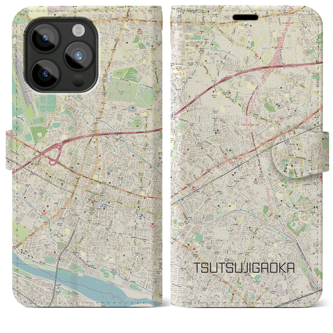 【つつじヶ丘】地図柄iPhoneケース（手帳両面タイプ・ナチュラル）iPhone 15 Pro Max 用
