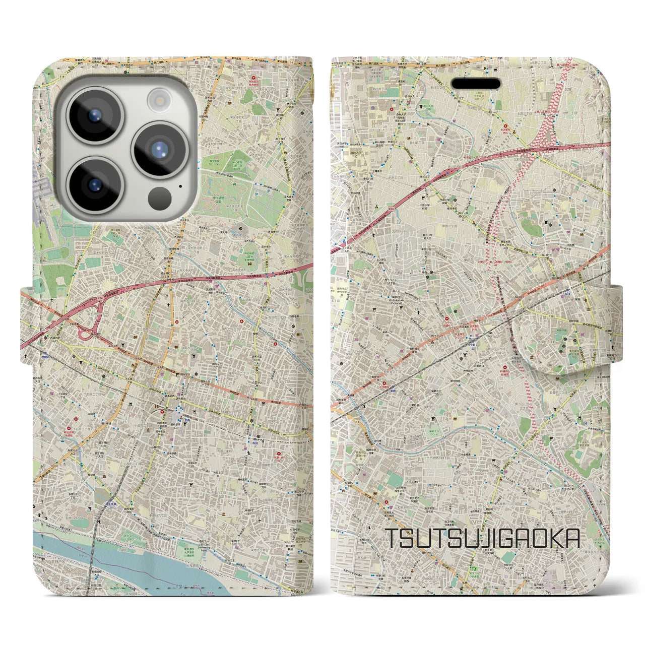 【つつじヶ丘】地図柄iPhoneケース（手帳両面タイプ・ナチュラル）iPhone 15 Pro 用