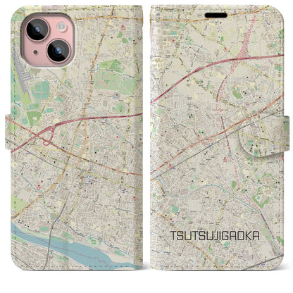 【つつじヶ丘（東京都）】地図柄iPhoneケース（手帳タイプ）ナチュラル・iPhone 15 Plus 用