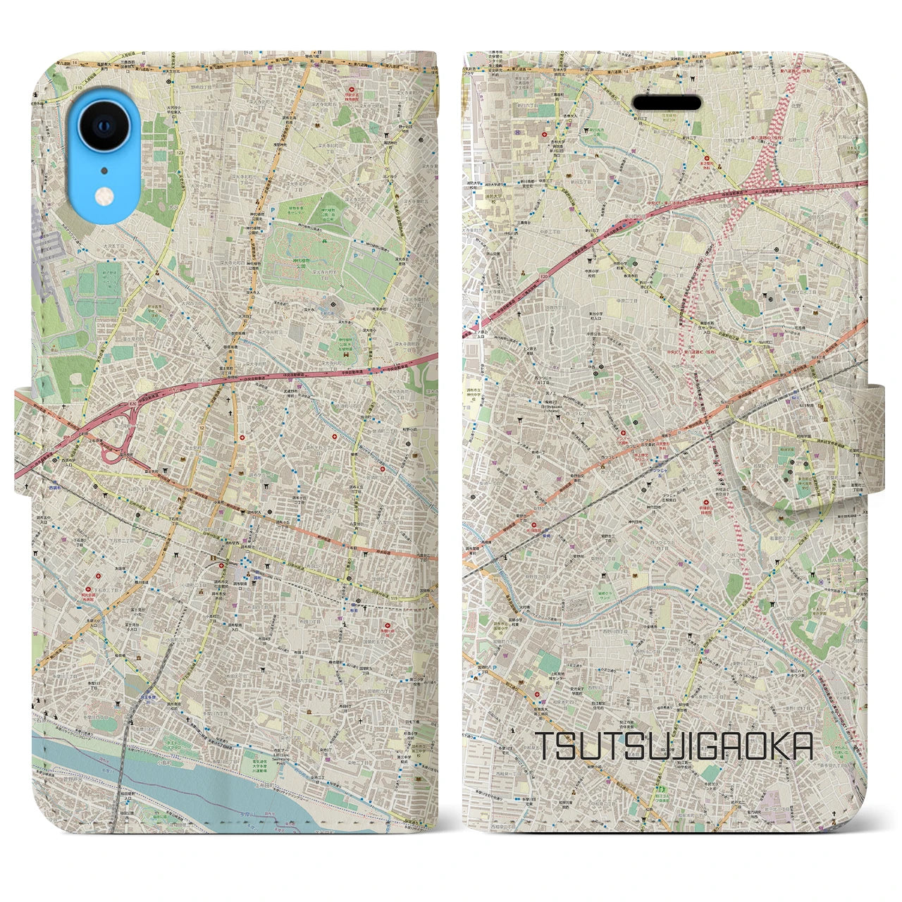 【つつじヶ丘】地図柄iPhoneケース（手帳両面タイプ・ナチュラル）iPhone XR 用