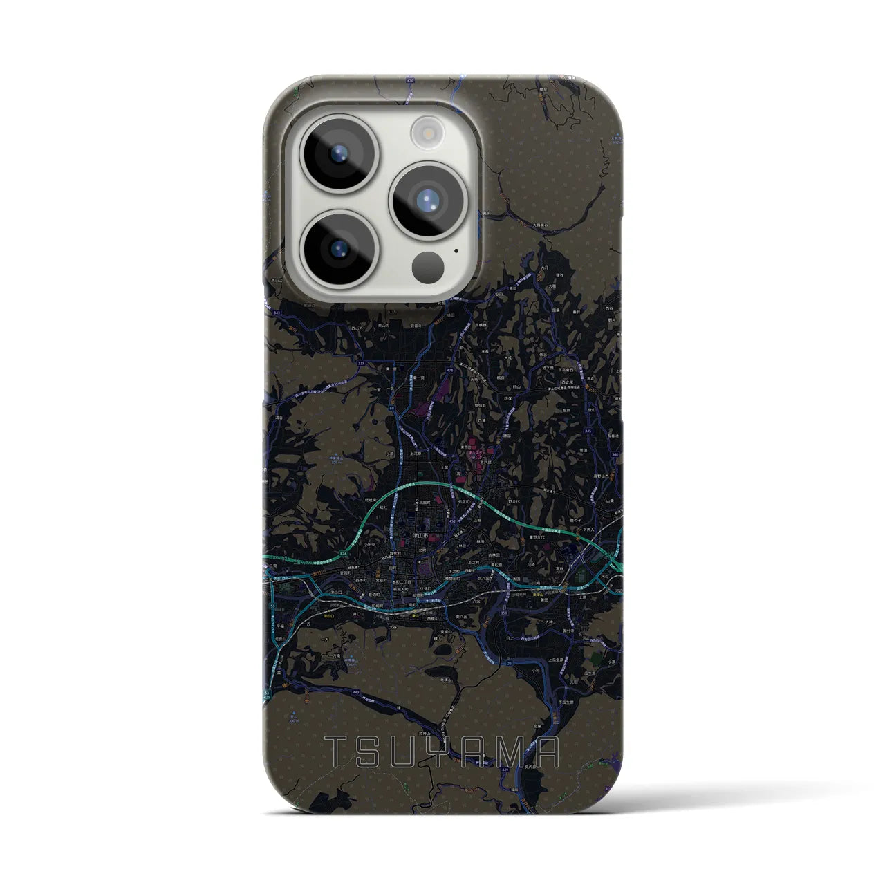 【津山】地図柄iPhoneケース（バックカバータイプ・ブラック）iPhone 15 Pro 用