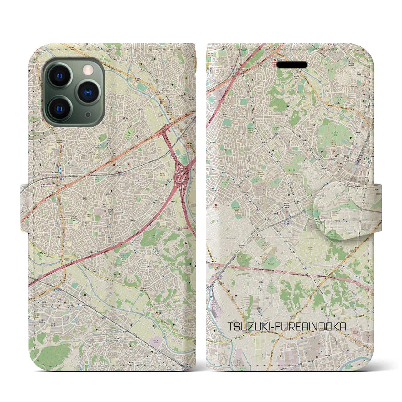 【都筑ふれあいの丘】地図柄iPhoneケース（手帳両面タイプ・ナチュラル）iPhone 11 Pro 用