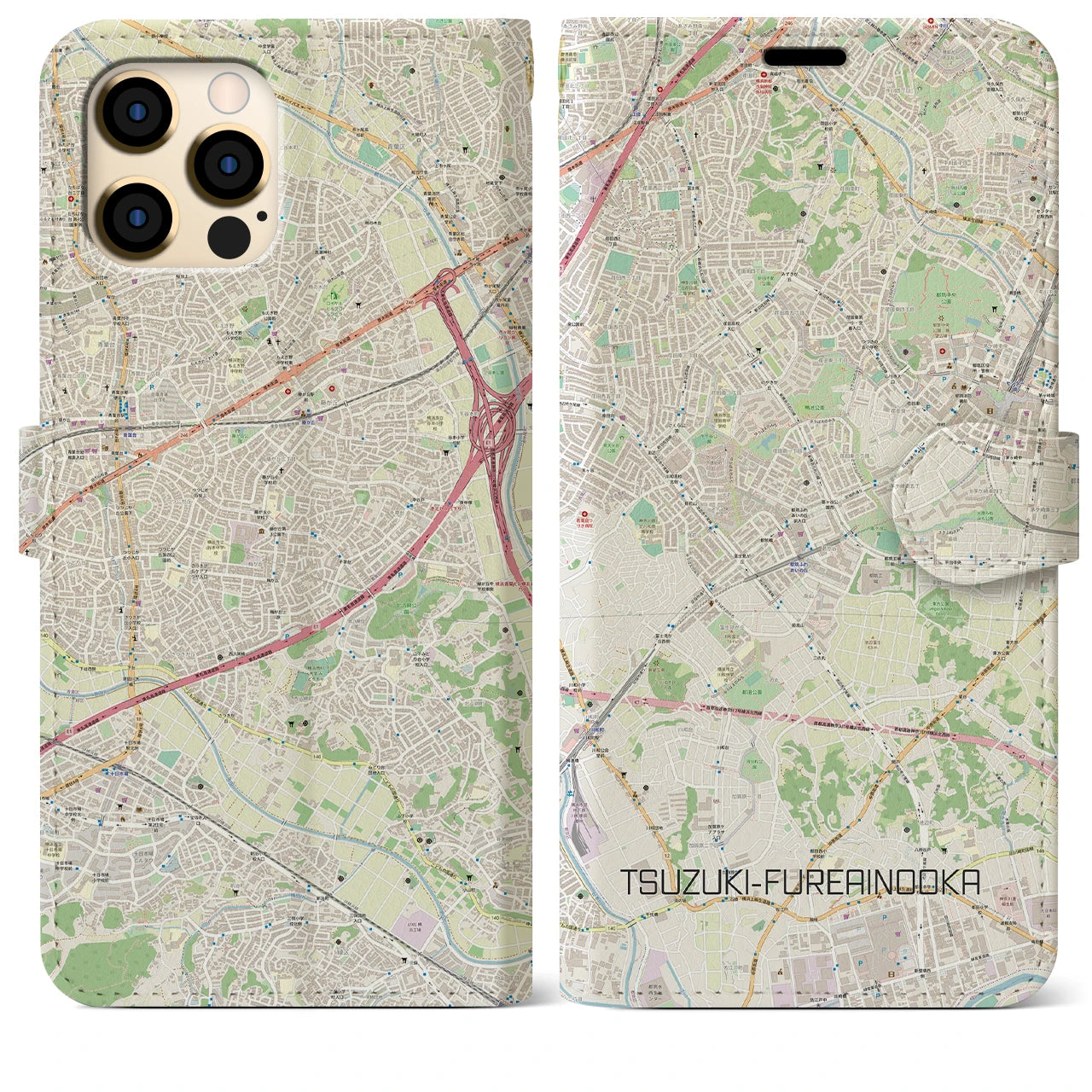 【都筑ふれあいの丘】地図柄iPhoneケース（手帳両面タイプ・ナチュラル）iPhone 12 Pro Max 用