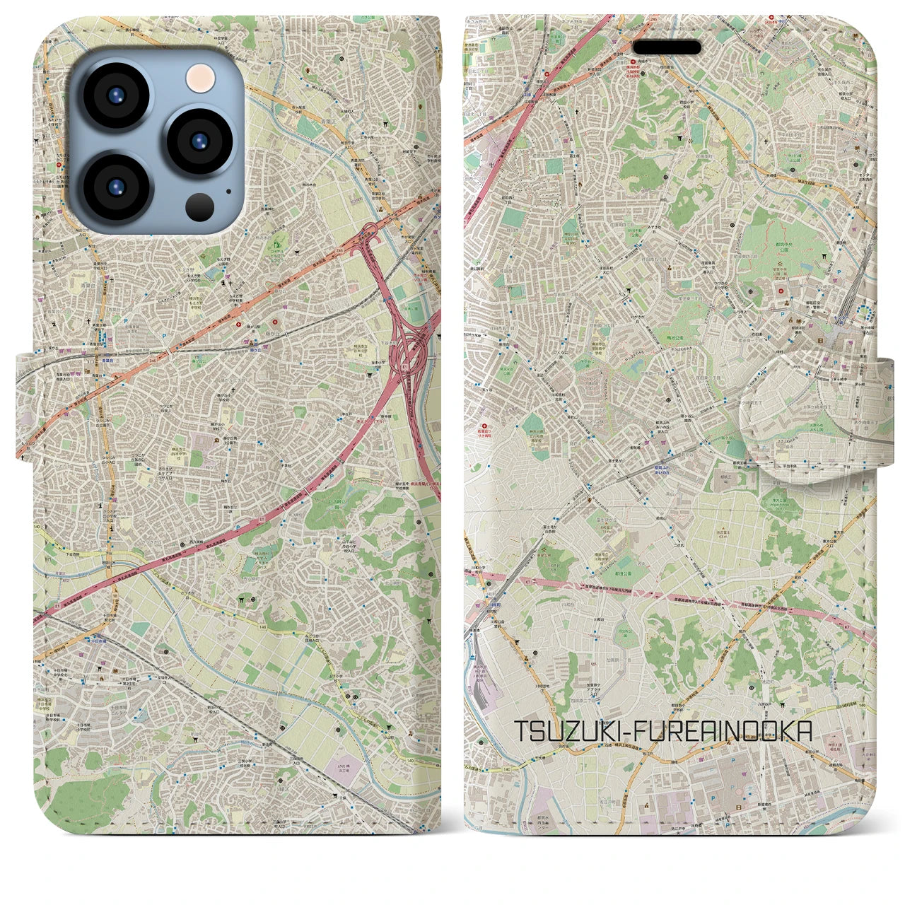 【都筑ふれあいの丘】地図柄iPhoneケース（手帳両面タイプ・ナチュラル）iPhone 13 Pro Max 用